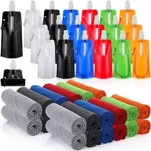 48 Pcs Collapsible Water Bottles Bulk 16 oz with Carabiner Clip Cooling Towels 40'' x 12'' Reusable Leak Proof Water Bottles 6 Colors Ice Towel for Sports Biking Hiking Camping Outdoor