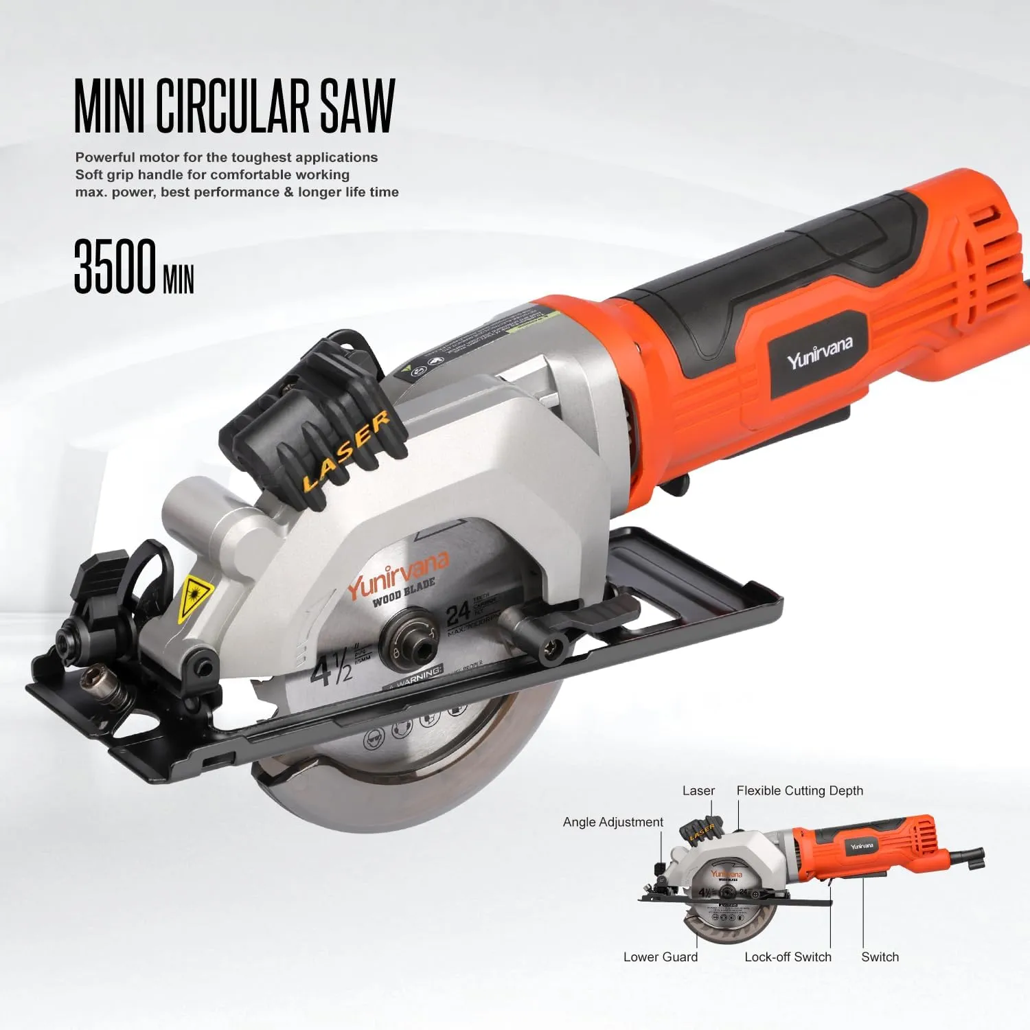 4Amp 3500RPM Mini Circular Saw with Laser Guide, Vacuum Adapter, Blade Wrench and Rip Guide, Max. Cutting Depth1-5/8"(90°), 1-1/10"(45°）Compact Saw with 2 pcs 4-1/2" 24T TCT Blades