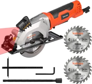 4Amp 3500RPM Mini Circular Saw with Laser Guide, Vacuum Adapter, Blade Wrench and Rip Guide, Max. Cutting Depth1-5/8"(90°), 1-1/10"(45°）Compact Saw with 2 pcs 4-1/2" 24T TCT Blades