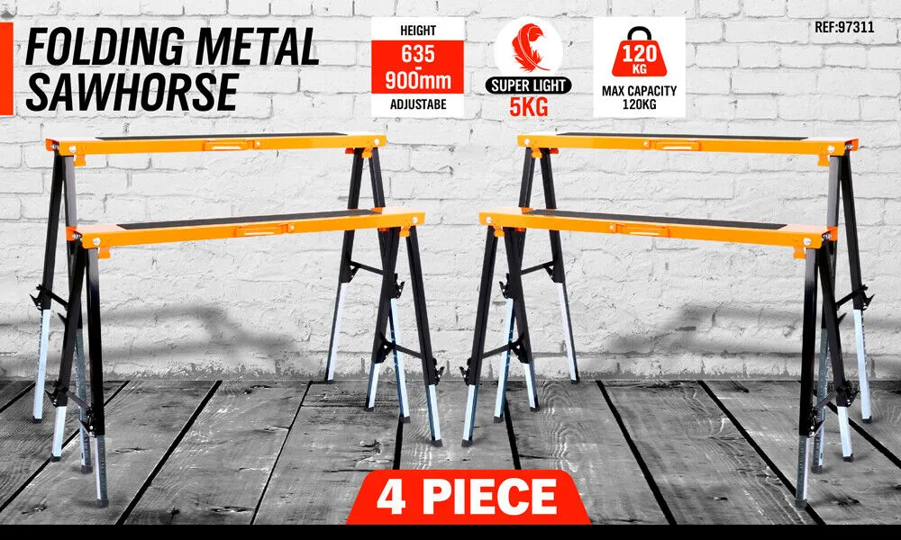 4Pc Mastercraft Sawhorse Set | Metal Folding | Non-Slip | 120KG Capacity