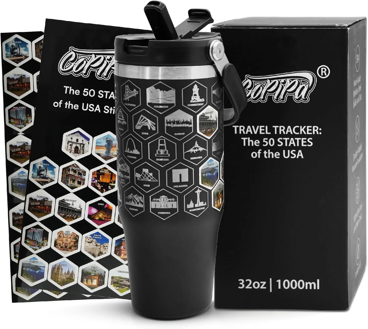 50 States Water Bottle Cupholder-Friendly Travel Tracker – 32oz Stainless Steel with 2 Sets of Waterproof Full-Color Stickers