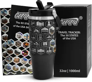 50 States Water Bottle Cupholder-Friendly Travel Tracker – 32oz Stainless Steel with 2 Sets of Waterproof Full-Color Stickers