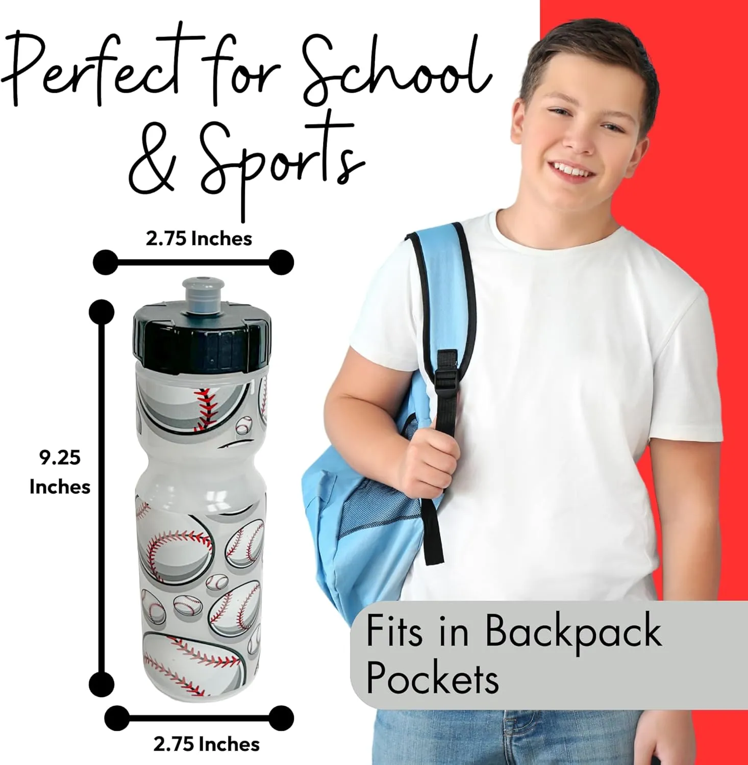 50 Strong 22oz Kids Sports Squeeze Water Bottle – BPA-Free with Pull Top Cap – Durable & Reusable for School, Boys & Girls – Made in USA – Baseball Theme