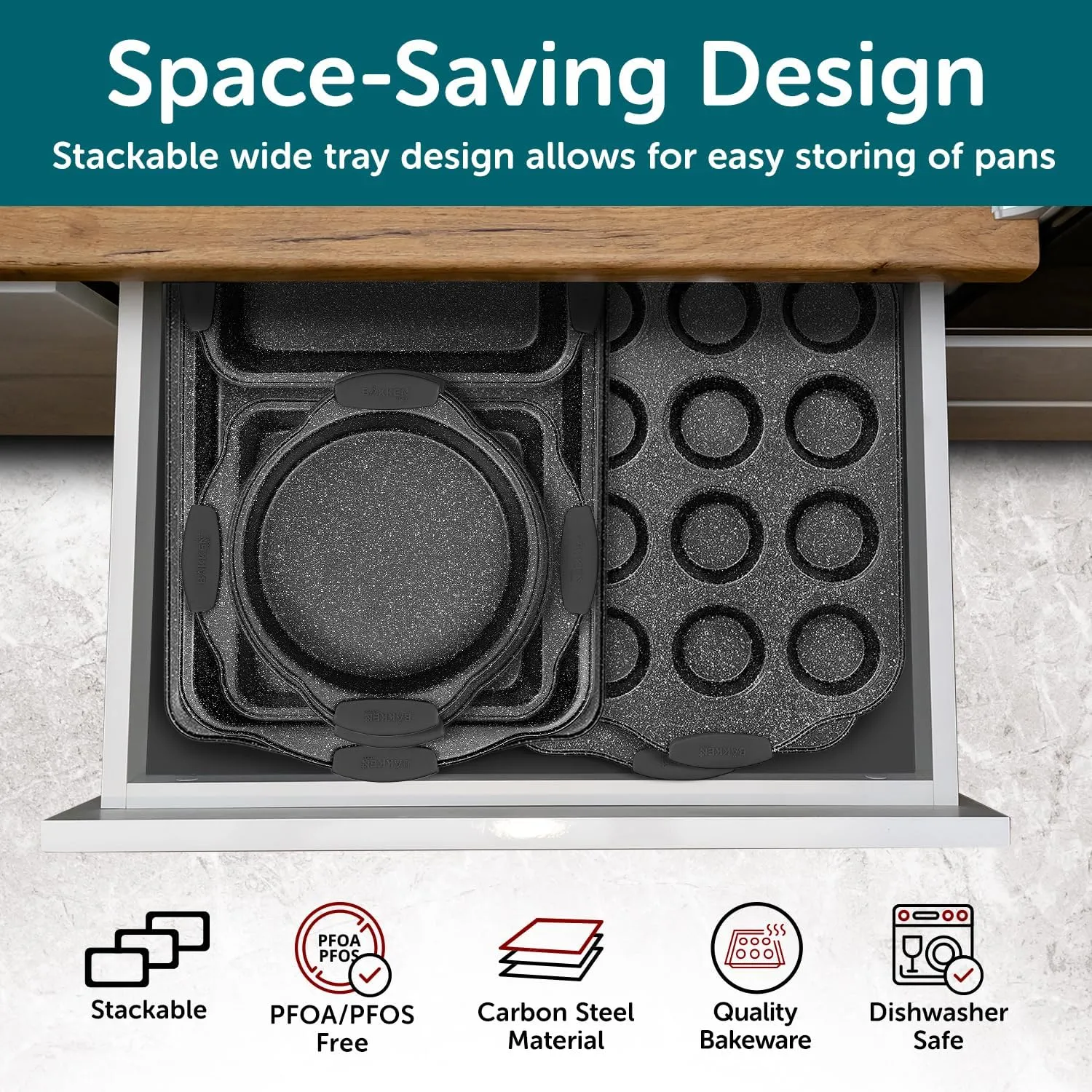 6-Piece Nonstick Gray Marble Coated Bakeware Set - Professional Quality Carbon Steel Pans with Silicone Handles - Ideal for Oven, Refrigerator, Freezer - Dishwasher Safe