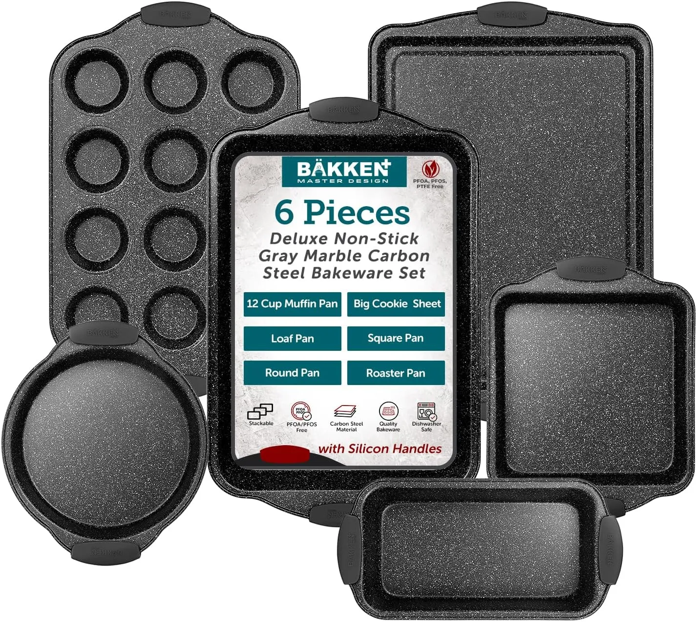 6-Piece Nonstick Gray Marble Coated Bakeware Set - Professional Quality Carbon Steel Pans with Silicone Handles - Ideal for Oven, Refrigerator, Freezer - Dishwasher Safe