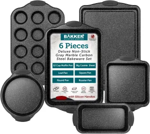 6-Piece Nonstick Gray Marble Coated Bakeware Set - Professional Quality Carbon Steel Pans with Silicone Handles - Ideal for Oven, Refrigerator, Freezer - Dishwasher Safe