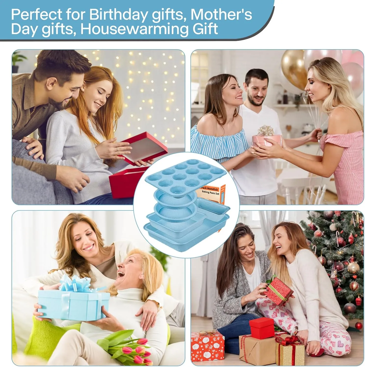 6 Pieces Baking Pans Set Blue Non Stick Bakeware Sets Stackable, Toaster Oven Safe, Pro Steel Baking Supplies for Home Baking, Roasting, Easy to Release, Sturdy Bake Gifts for Lover