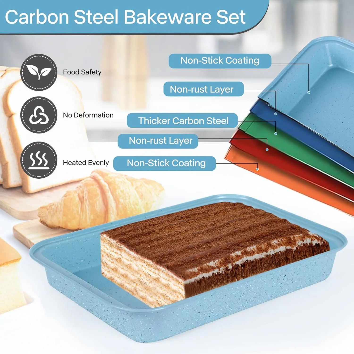6 Pieces Baking Pans Set Blue Non Stick Bakeware Sets Stackable, Toaster Oven Safe, Pro Steel Baking Supplies for Home Baking, Roasting, Easy to Release, Sturdy Bake Gifts for Lover