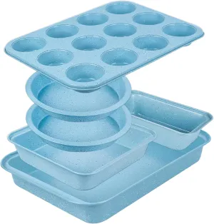 6 Pieces Baking Pans Set Blue Non Stick Bakeware Sets Stackable, Toaster Oven Safe, Pro Steel Baking Supplies for Home Baking, Roasting, Easy to Release, Sturdy Bake Gifts for Lover
