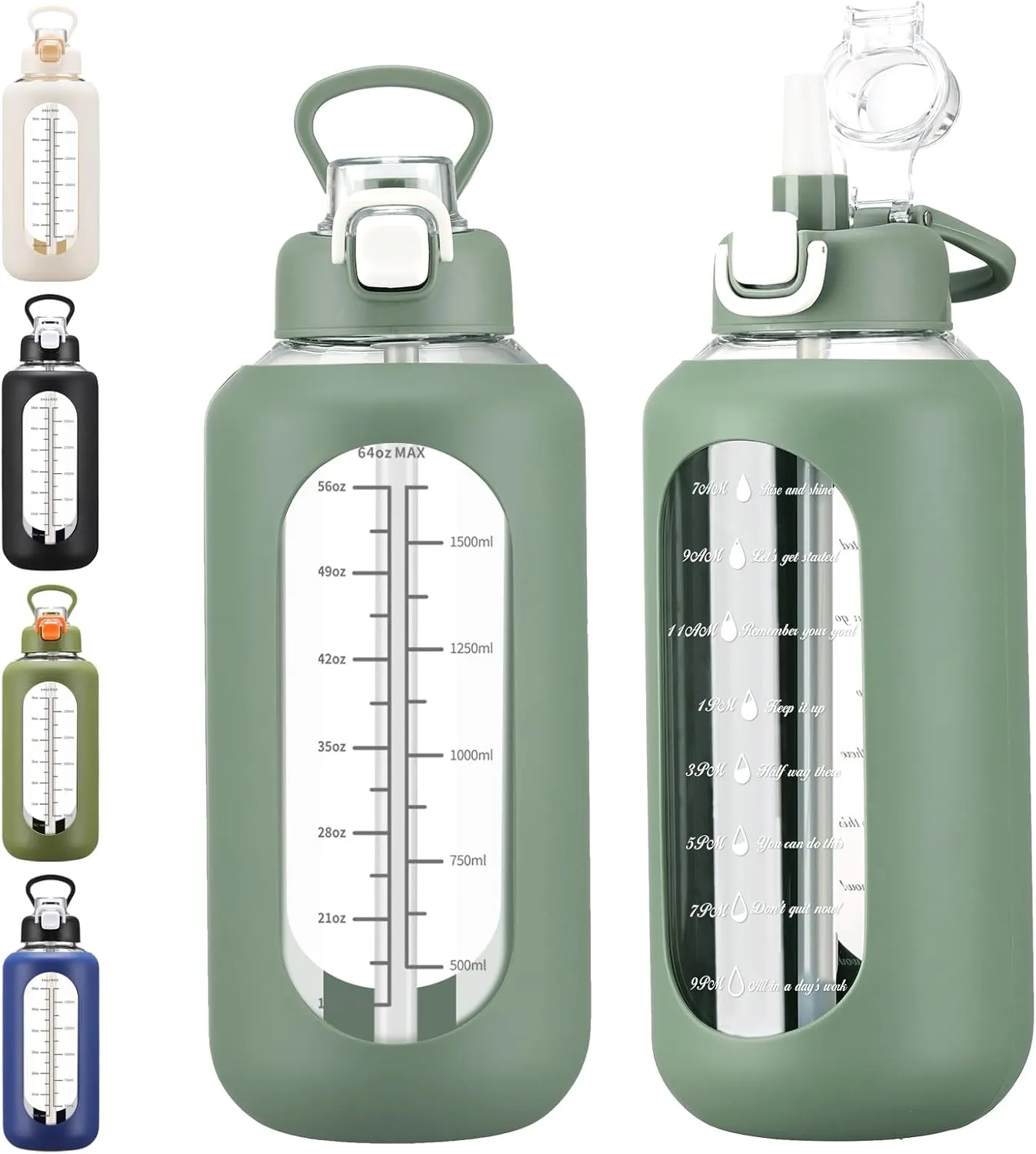 64 oz Glass Water Bolttles with Straw Half Gallon Large Motivational Water Bottle with Time Marker Sports Water Bottles with Silicone Sleeve and Handle Lid Water Jug for Gym Workout