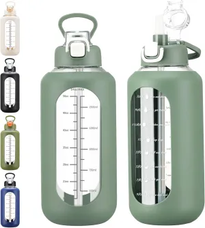 64 oz Glass Water Bolttles with Straw Half Gallon Large Motivational Water Bottle with Time Marker Sports Water Bottles with Silicone Sleeve and Handle Lid Water Jug for Gym Workout
