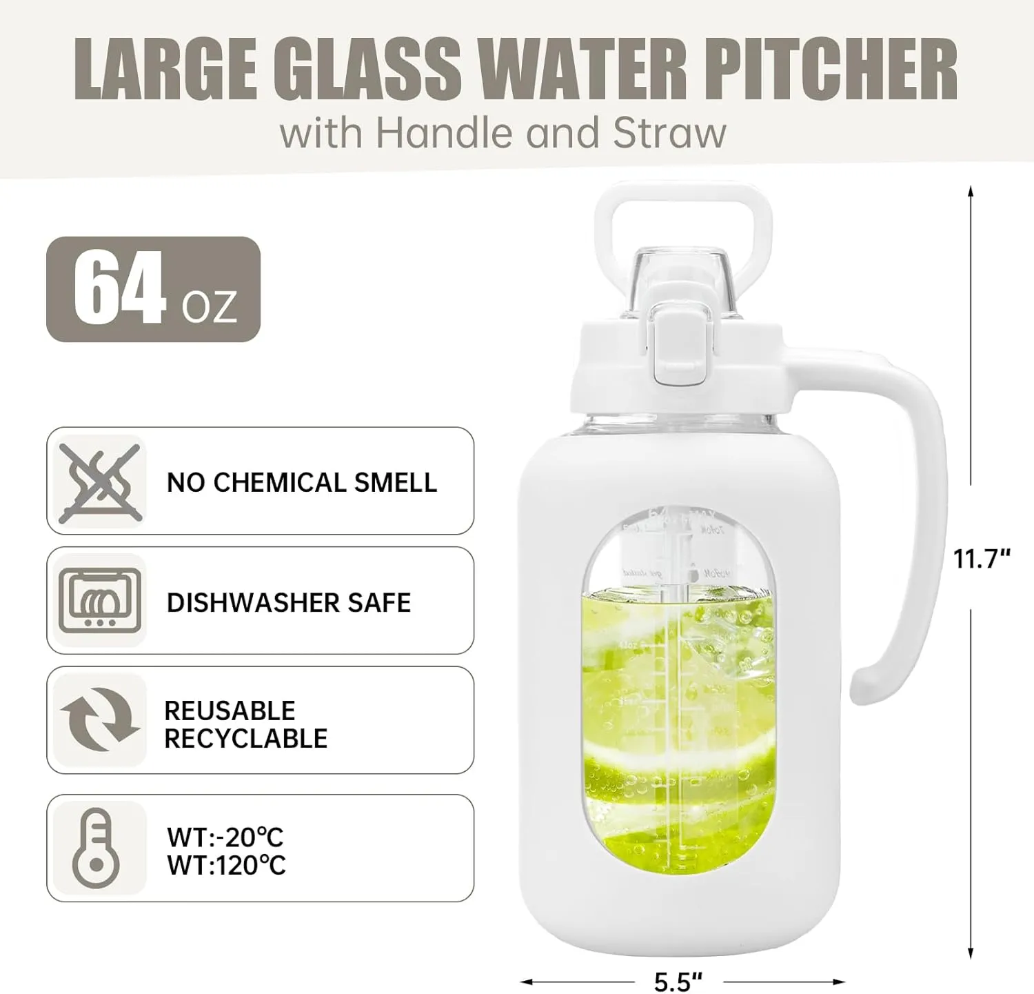64 oz Glass Water Bottle with Straw and Handle Half Gallon Water Jug with Silicone Sleeve Large Water Bottle for Office, Gym, Outdoor Sports