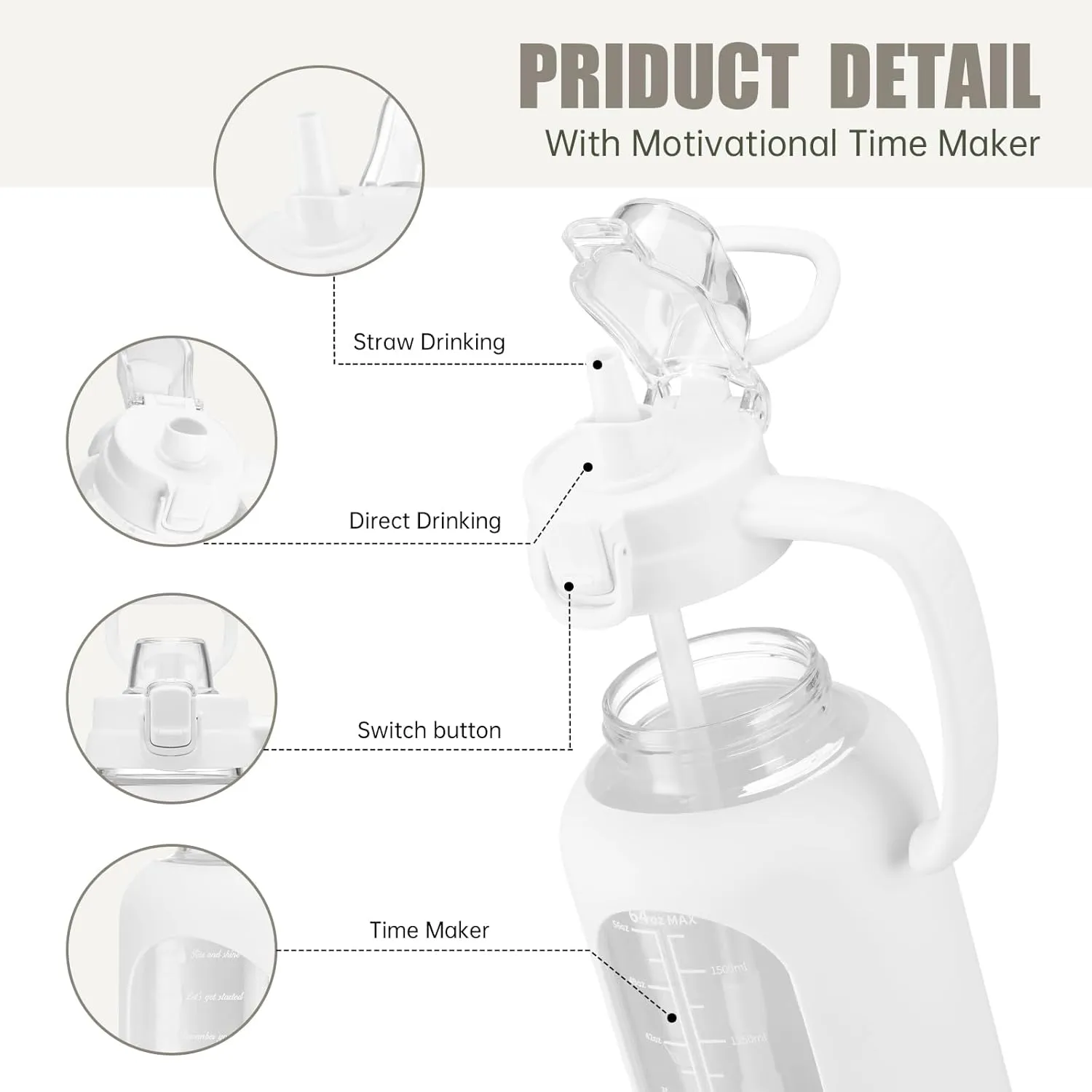 64 oz Glass Water Bottle with Straw and Handle Half Gallon Water Jug with Silicone Sleeve Large Water Bottle for Office, Gym, Outdoor Sports