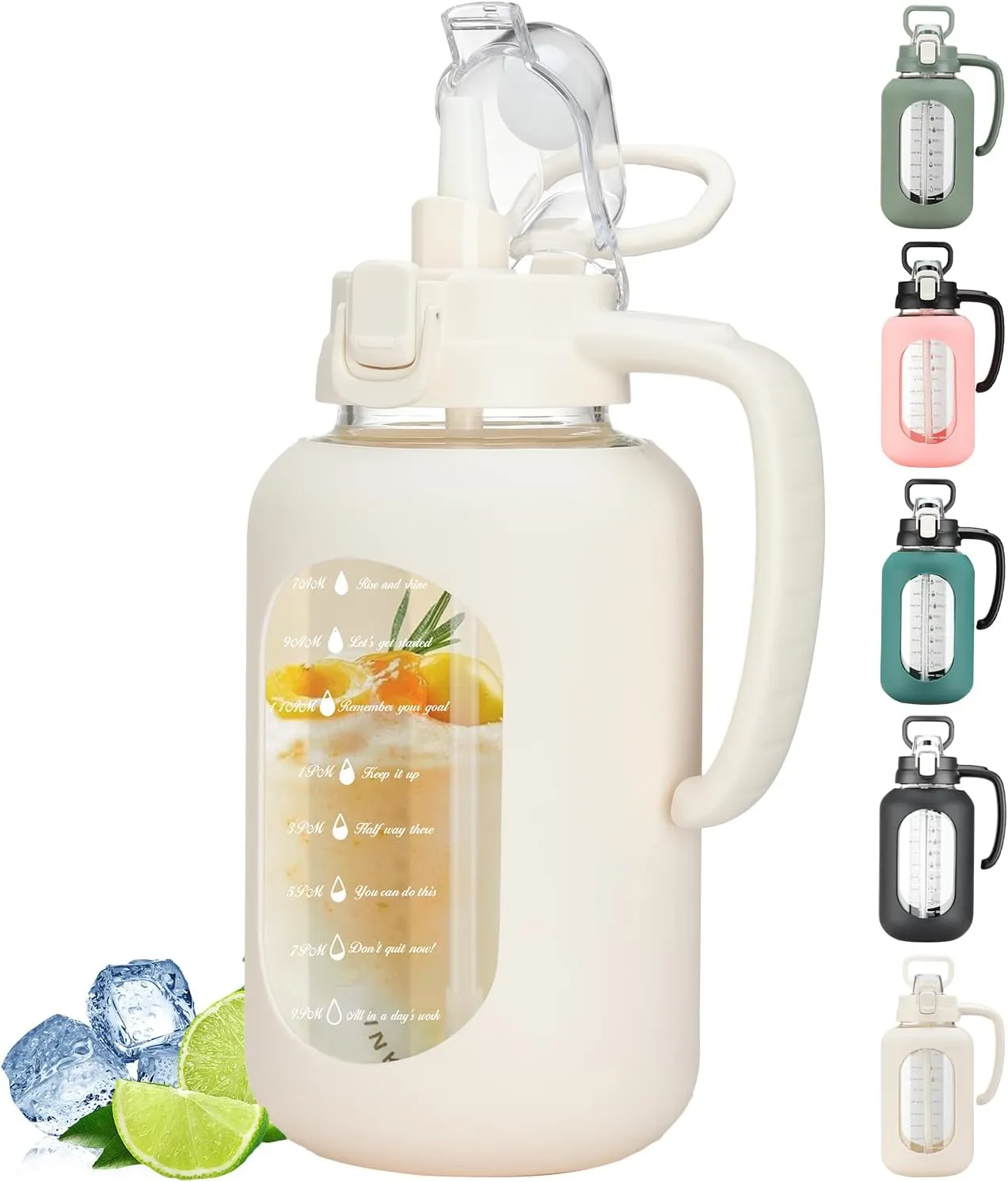 64 oz Glass Water Bottle with Straw and Handle Half Gallon Water Jug with Silicone Sleeve Large Water Bottle for Office, Gym, Outdoor Sports