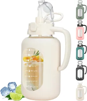 64 oz Glass Water Bottle with Straw and Handle Half Gallon Water Jug with Silicone Sleeve Large Water Bottle for Office, Gym, Outdoor Sports