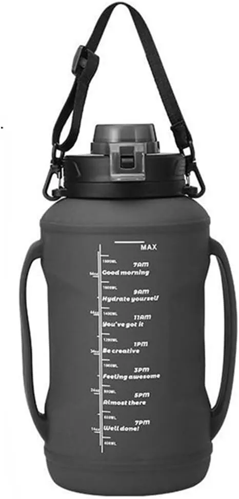 64oz Collapsible Water Bottle with Straw - Foldable Silicone Sports Bottle for Travel, Gym & Outdoor Activities, Includes Carry Strap & Time Markers (Black)