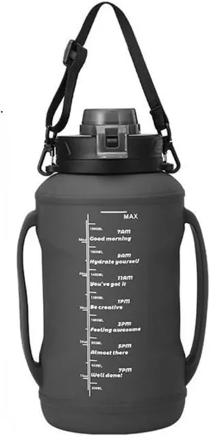 64oz Collapsible Water Bottle with Straw - Foldable Silicone Sports Bottle for Travel, Gym & Outdoor Activities, Includes Carry Strap & Time Markers (Black)