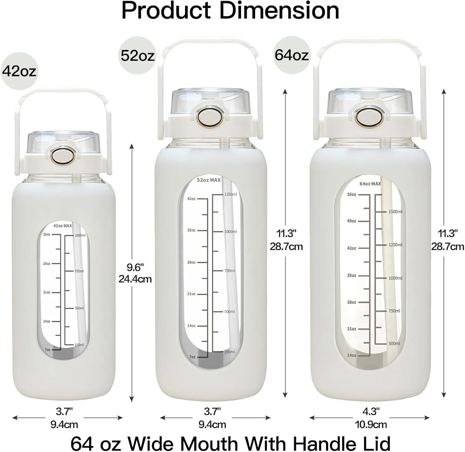64oz Glass Water Bolttles with Straw Half Gallon Large Motivational Water Bottle with Time Marker Sports Water Bottles with Silicone Sleeve and Handle Lid Water Jug for Gym Workout