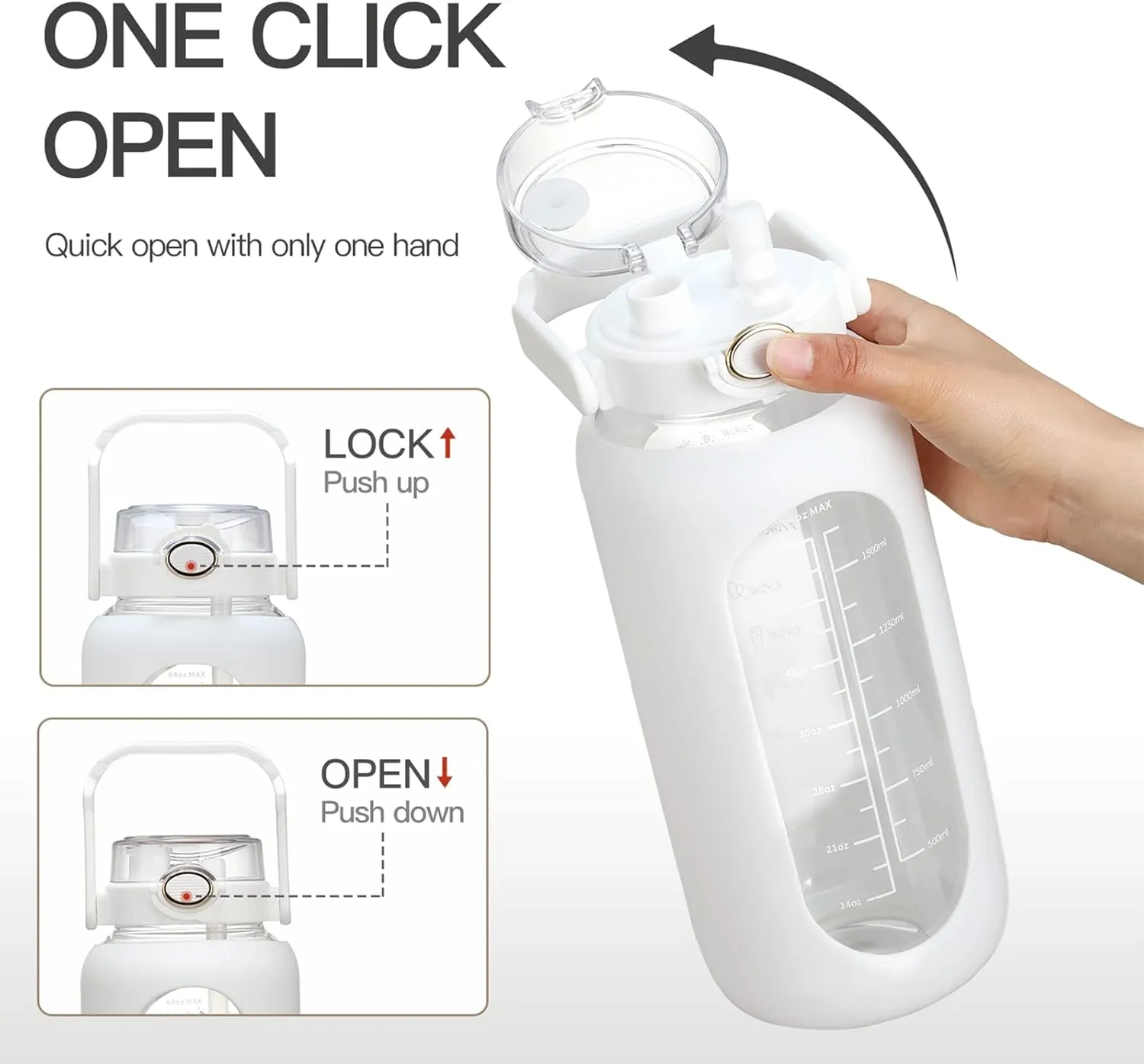 64oz Glass Water Bolttles with Straw Half Gallon Large Motivational Water Bottle with Time Marker Sports Water Bottles with Silicone Sleeve and Handle Lid Water Jug for Gym Workout