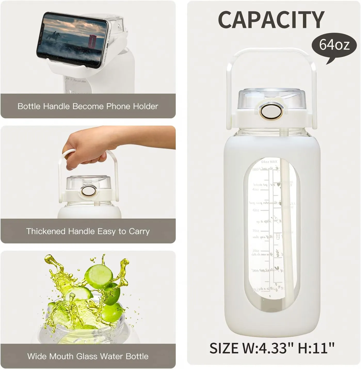 64oz Glass Water Bolttles with Straw Half Gallon Large Motivational Water Bottle with Time Marker Sports Water Bottles with Silicone Sleeve and Handle Lid Water Jug for Gym Workout