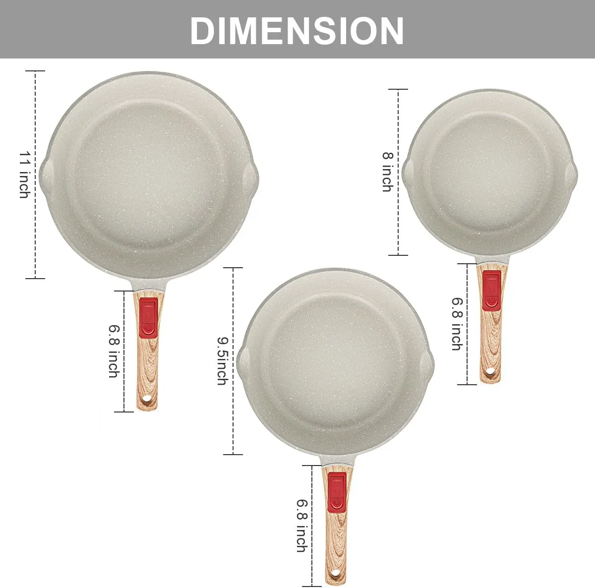 8/9.5/11 inch Deep Frying Pan Set with Lid, 5 Pcs Nonstick Skillet Set with Detachable Handle Compatible with All Stovetops, Oven& Dishwasher Safe (White)