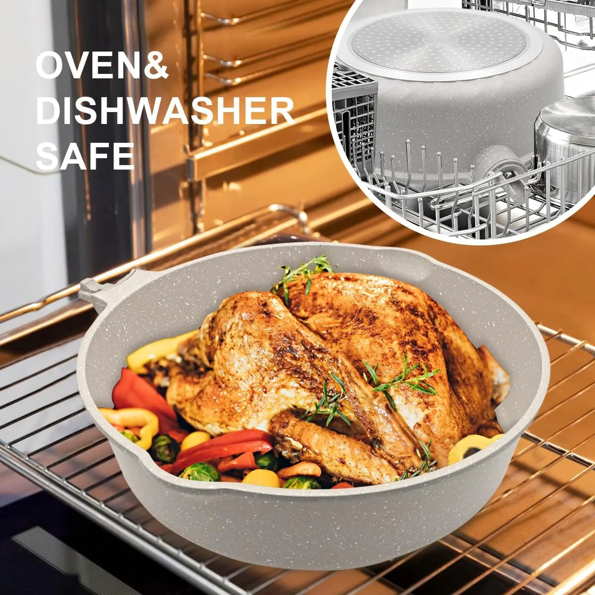 8/9.5/11 inch Deep Frying Pan Set with Lid, 5 Pcs Nonstick Skillet Set with Detachable Handle Compatible with All Stovetops, Oven& Dishwasher Safe (White)