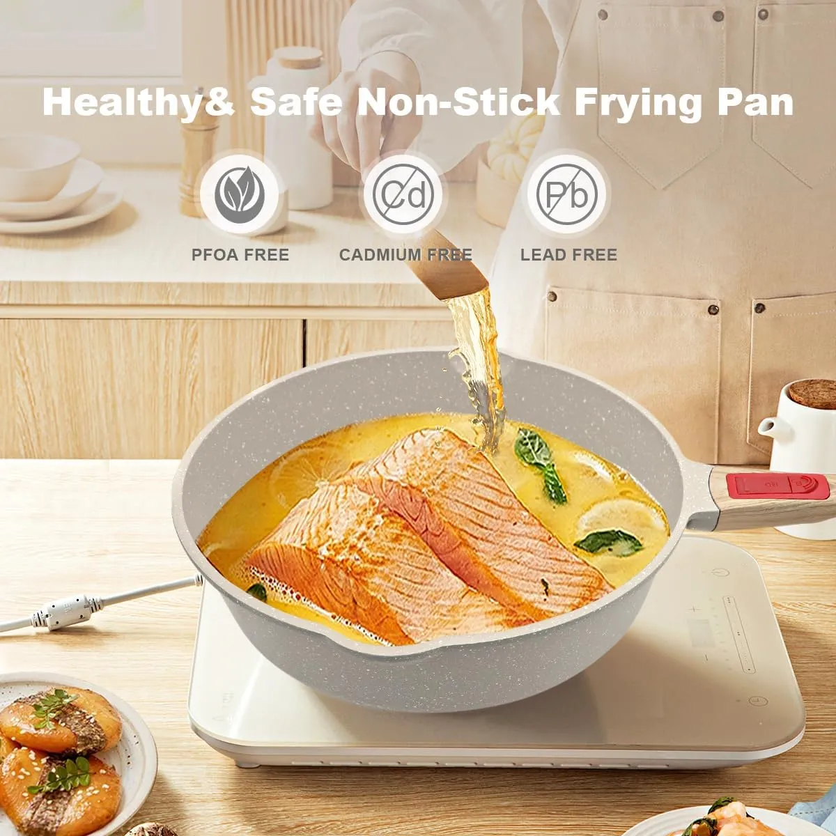 8/9.5/11 inch Deep Frying Pan Set with Lid, 5 Pcs Nonstick Skillet Set with Detachable Handle Compatible with All Stovetops, Oven& Dishwasher Safe (White)