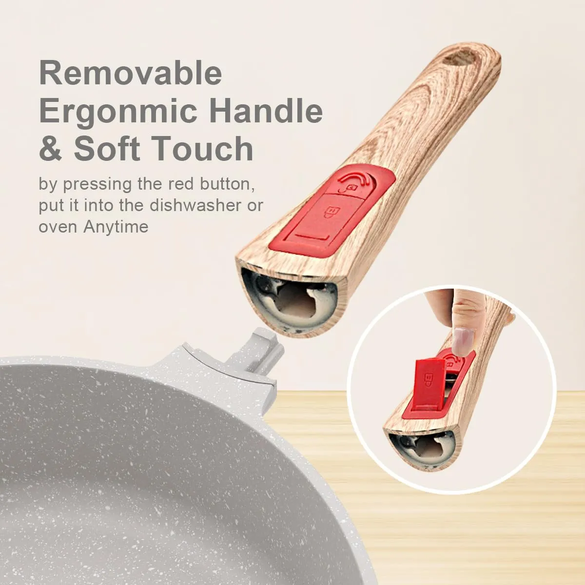 8/9.5/11 inch Deep Frying Pan Set with Lid, 5 Pcs Nonstick Skillet Set with Detachable Handle Compatible with All Stovetops, Oven& Dishwasher Safe (White)