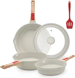 8/9.5/11 inch Deep Frying Pan Set with Lid, 5 Pcs Nonstick Skillet Set with Detachable Handle Compatible with All Stovetops, Oven& Dishwasher Safe (White)