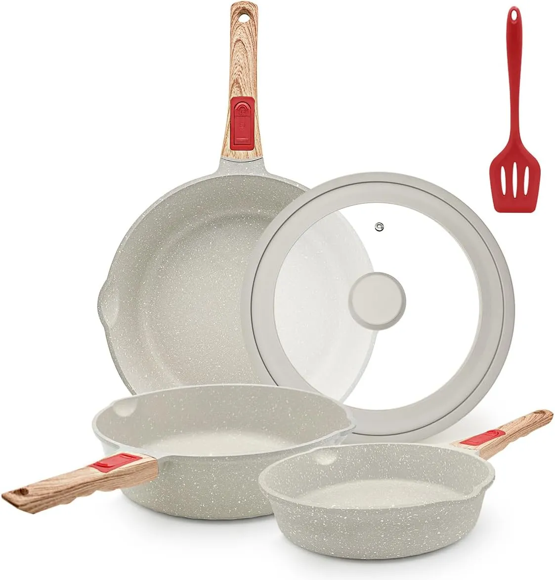 8/9.5/11 inch Deep Frying Pan Set with Lid, 5 Pcs Nonstick Skillet Set with Detachable Handle Compatible with All Stovetops, Oven& Dishwasher Safe (White)