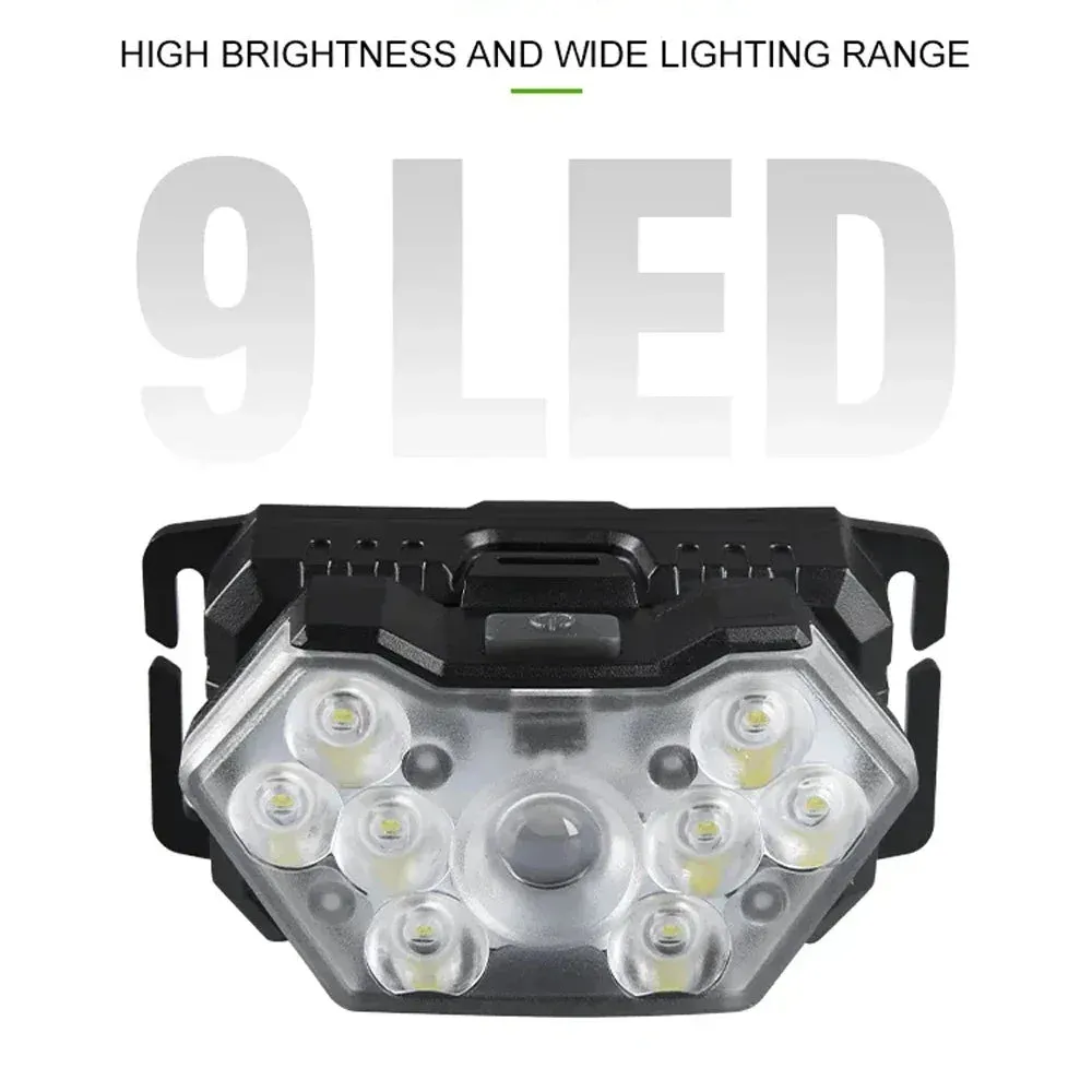 9 Led Strong Light Headlamp USB Rechageable Motion Sensor Headlight Portable Fishing Camping Outdoor Head Lamp 1200mah