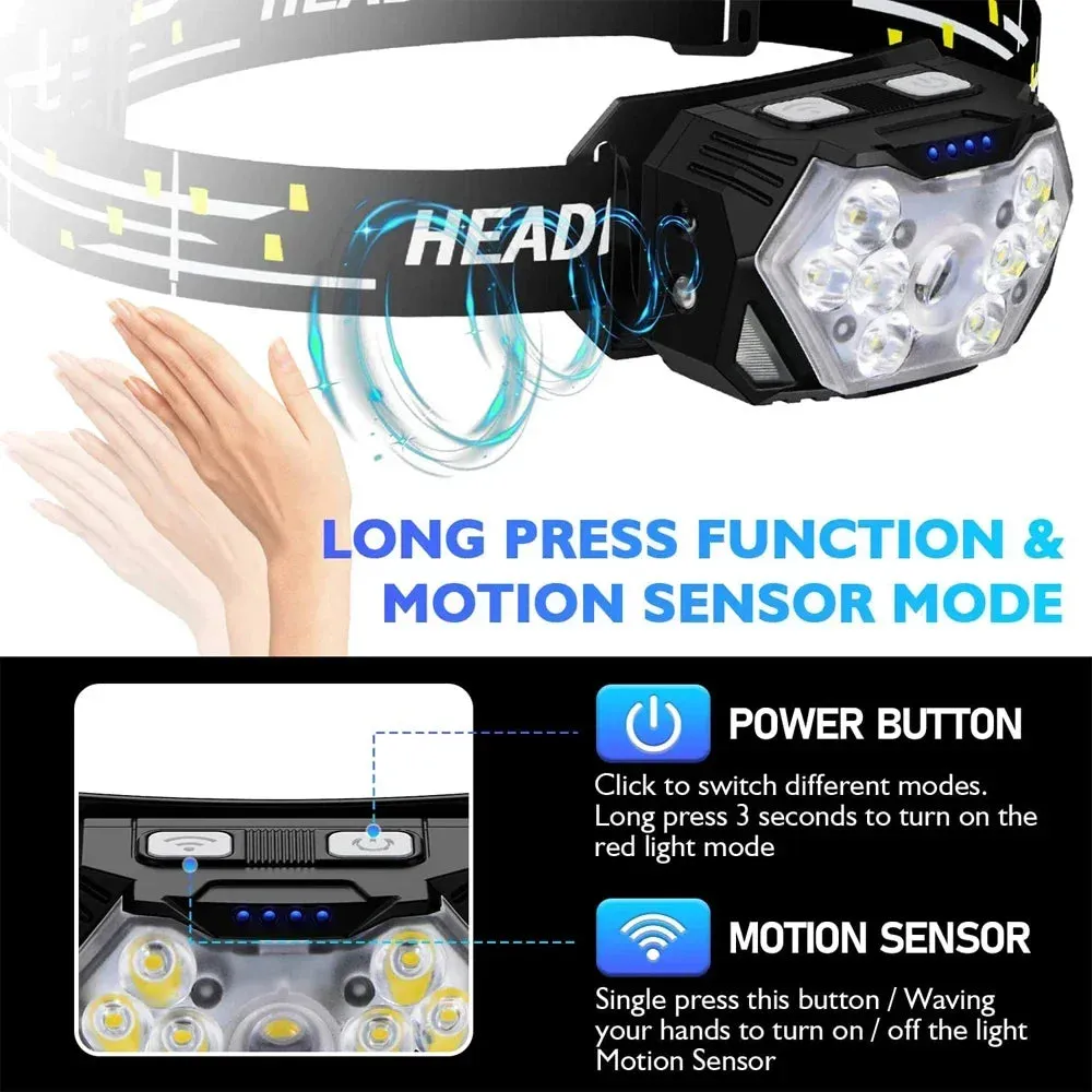 9 Led Strong Light Headlamp USB Rechageable Motion Sensor Headlight Portable Fishing Camping Outdoor Head Lamp 1200mah