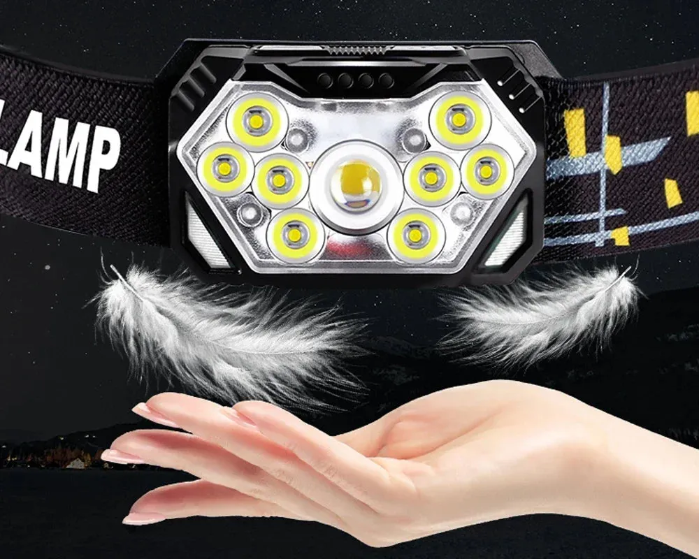 9 Led Strong Light Headlamp USB Rechageable Motion Sensor Headlight Portable Fishing Camping Outdoor Head Lamp 1200mah