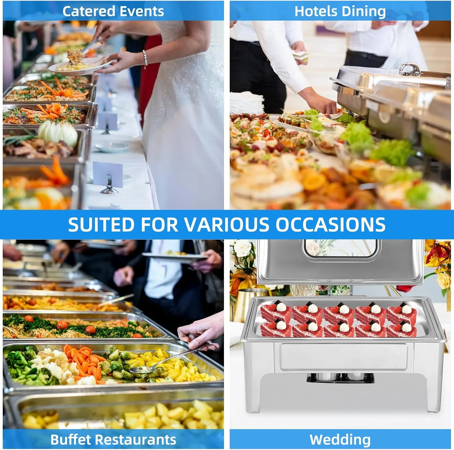 9.5 Qt Chafing Dishes Food Warmers for Parties, Stainless Steel Chafing Dish with Glass Window Lid, Chafers and Buffet Sets Warming Trays for Catering, Parties, Hotels and Weddings