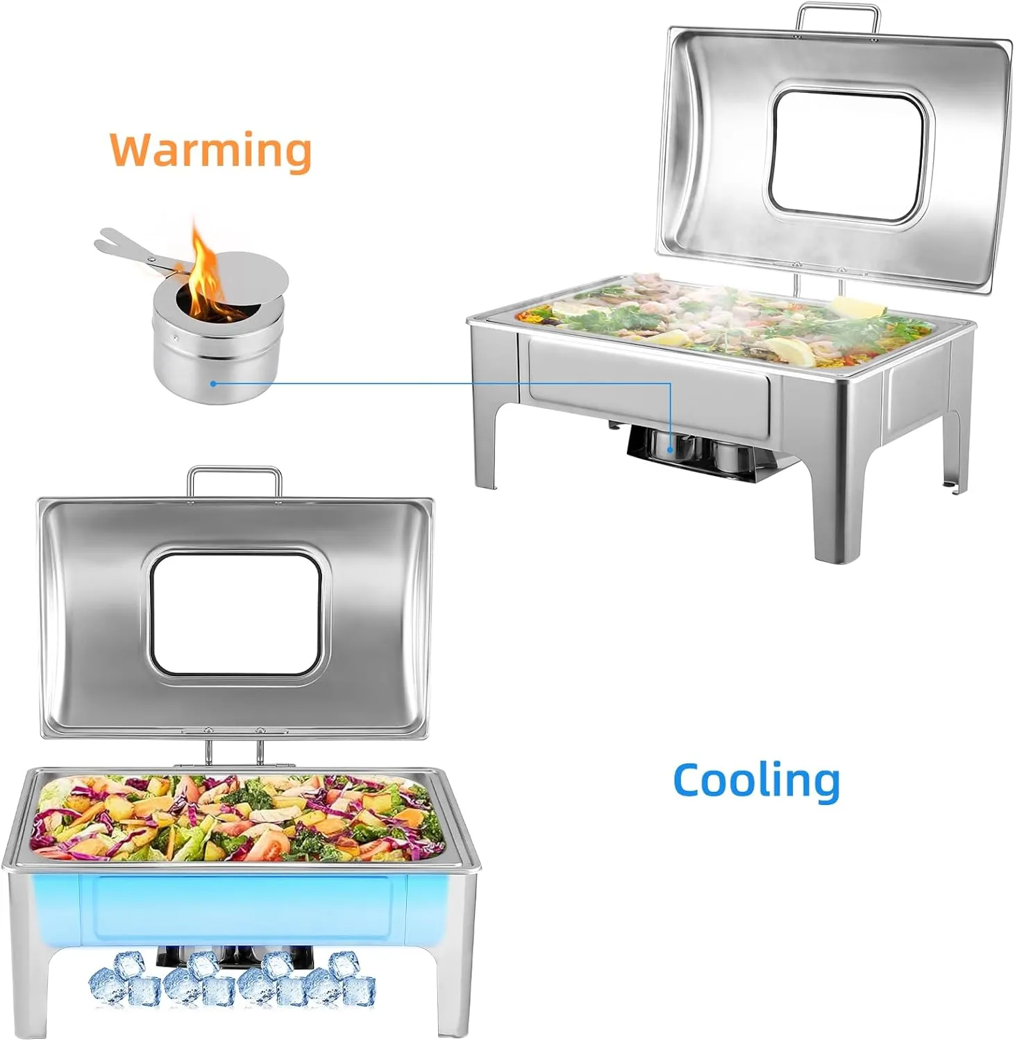 9.5 Qt Chafing Dishes Food Warmers for Parties, Stainless Steel Chafing Dish with Glass Window Lid, Chafers and Buffet Sets Warming Trays for Catering, Parties, Hotels and Weddings