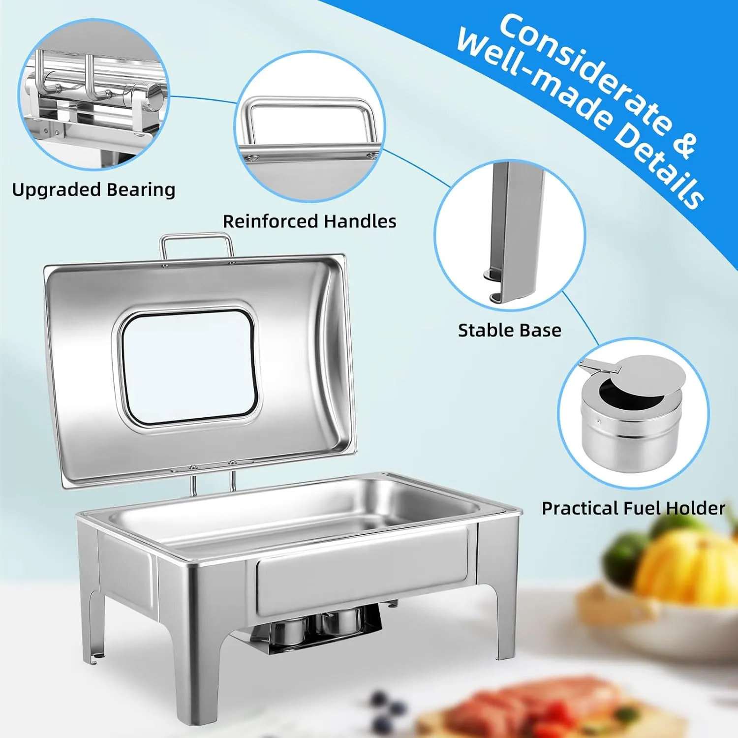 9.5 Qt Chafing Dishes Food Warmers for Parties, Stainless Steel Chafing Dish with Glass Window Lid, Chafers and Buffet Sets Warming Trays for Catering, Parties, Hotels and Weddings