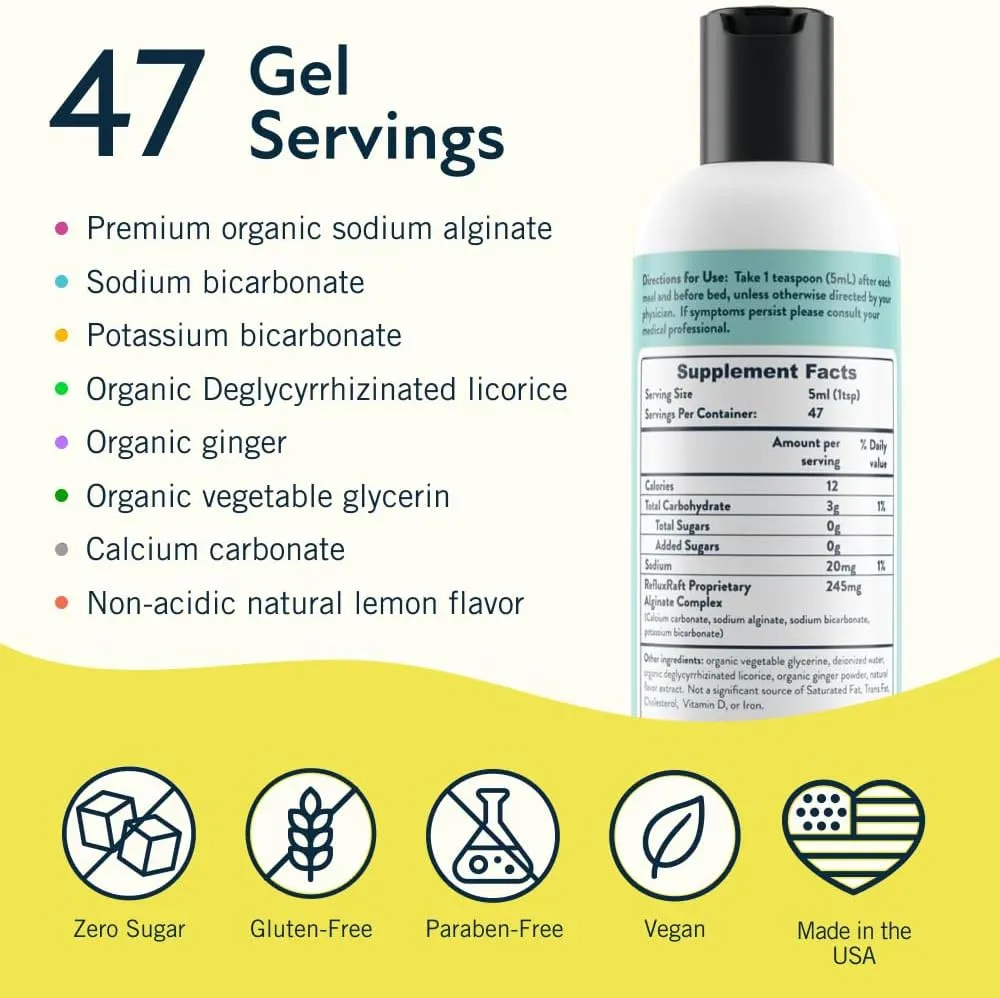 Acid Reflux Therapy with Organic Alginate, Rapid & Long Lasting Gerd, LPR & Digestion Symptom Support, Zero Sugar, Gluten Free, Low Sodium, Lemon Ginger Flavor, 47 Gel Servings, 8 OZ Bottle