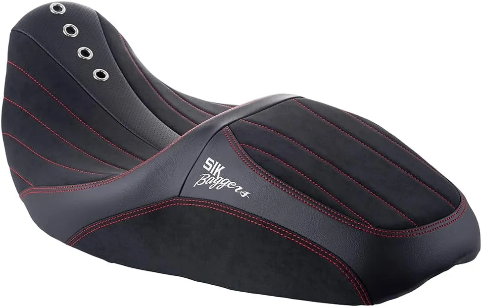 Advanblack Motorcycle Seat Harley Touring Seat "Sik Baggers" Custom Stitching Pillion Rider and Passenger Seat Fit for 2009-2023 Harley Touring Road Glide/Street Glide (Red Stitching)