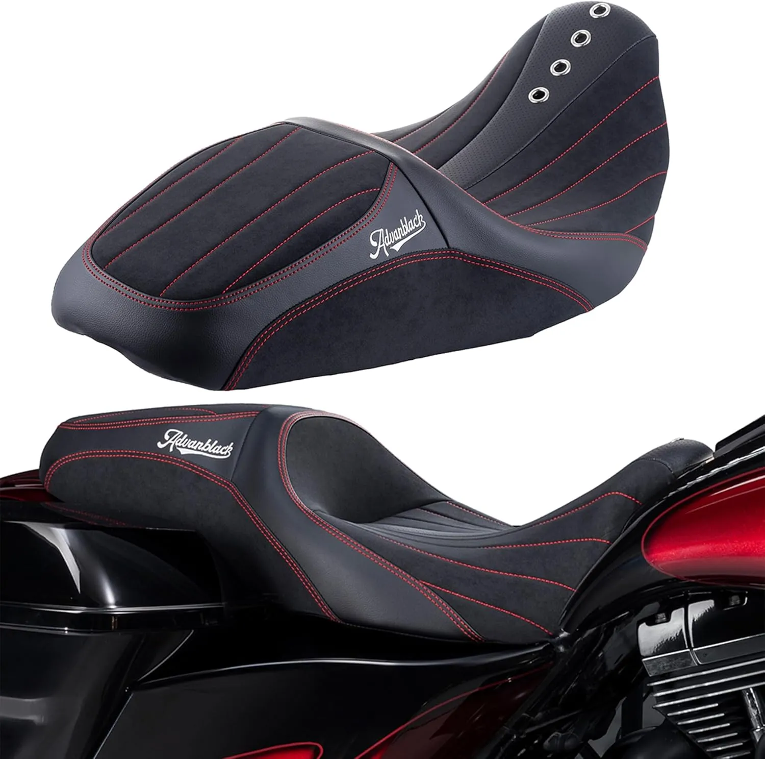 Advanblack Motorcycle Seat Harley Touring Seat "Sik Baggers" Custom Stitching Pillion Rider and Passenger Seat Fit for 2009-2023 Harley Touring Road Glide/Street Glide (Red Stitching)