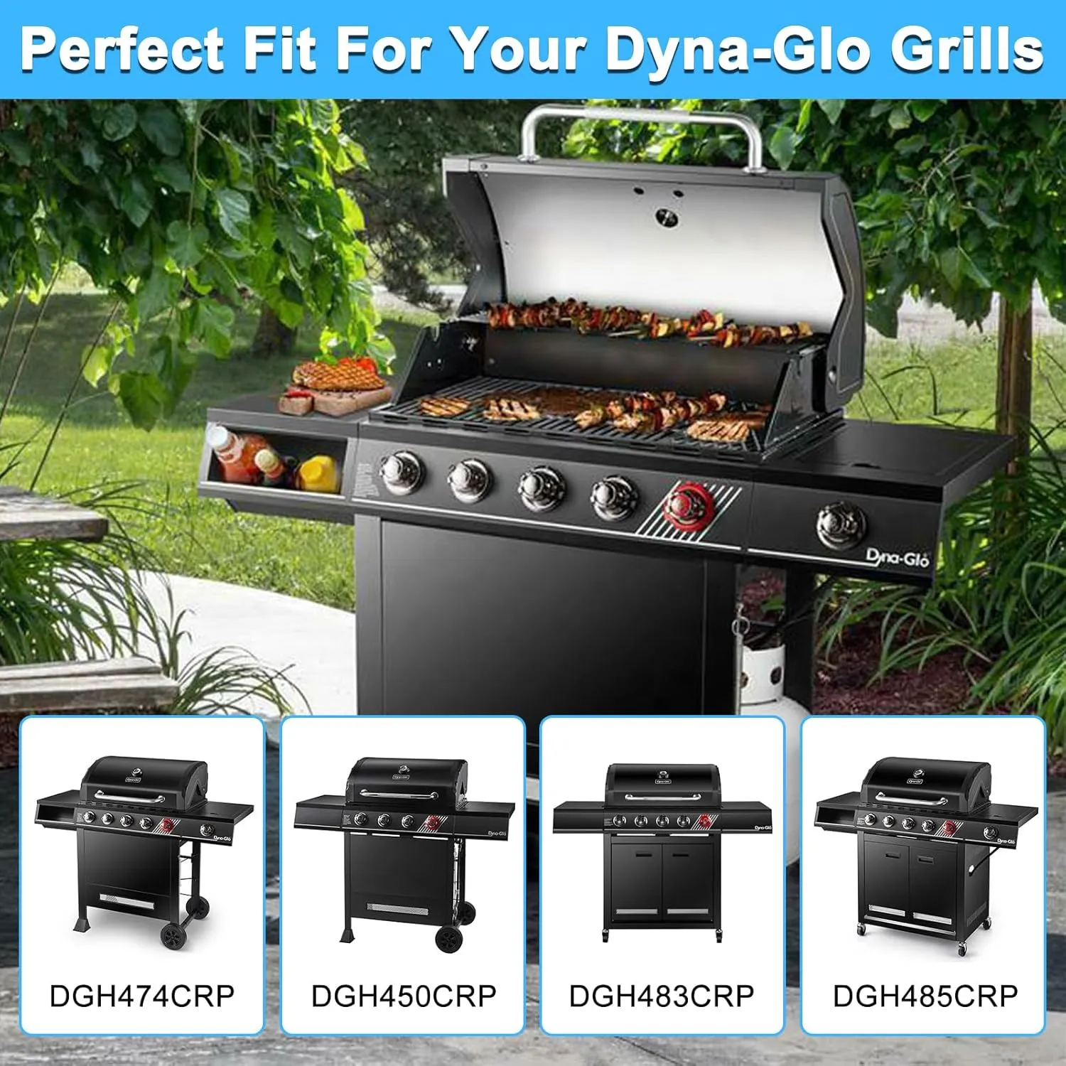 Adviace Grill Replacement Parts for Dyna-Glo DGH474CRP DGH450CRP DGH483CRP DGH485CRP DGH474CRP-D, Drip Pan Grease Tray & Heat Tents & Burners for Dyna Glo 5 Burner Grill Models