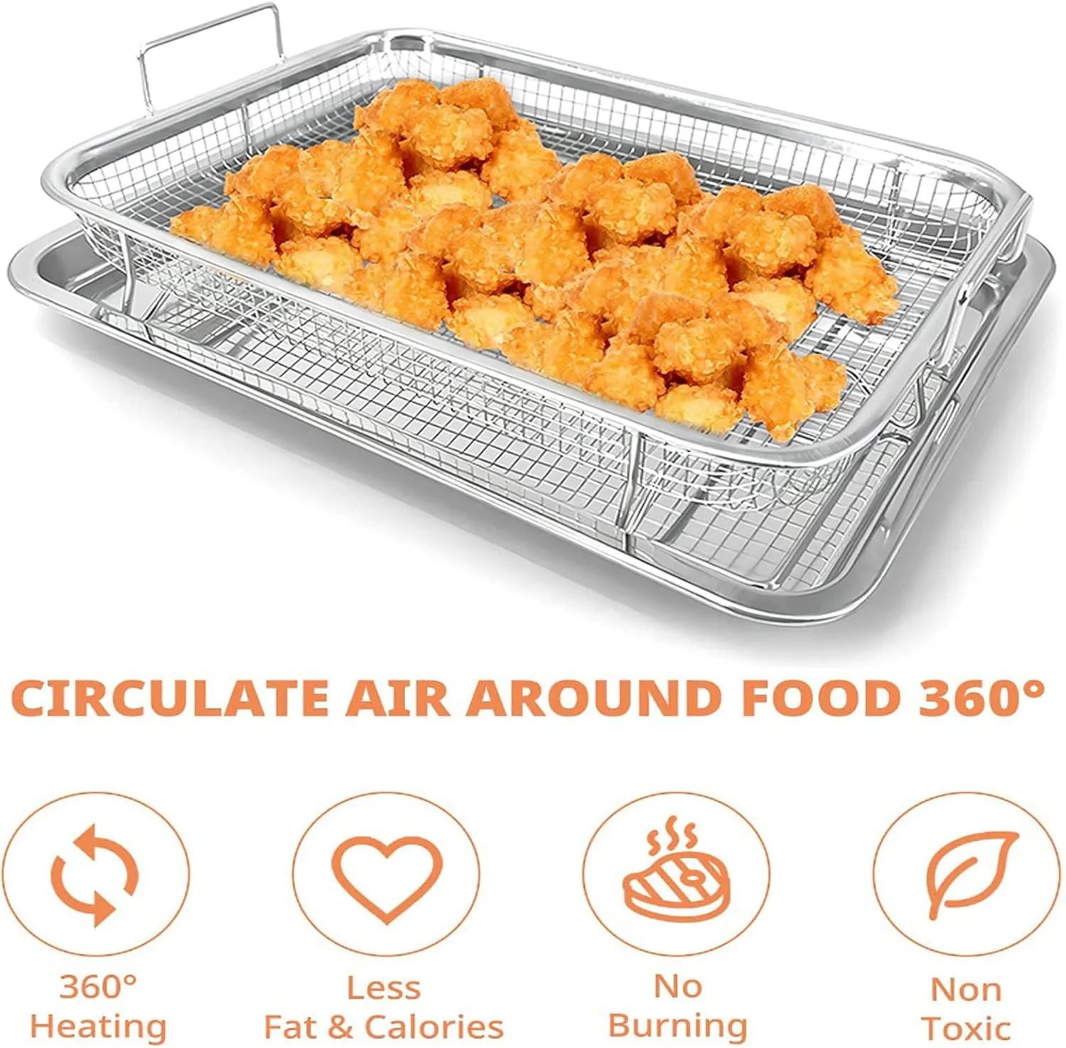 AGSYFFD 2 pieces air fryer basket for oven 12.8x9.6inch,tray and grease trap set bacon rack for oven crisper for french fried/frozen food (silver)