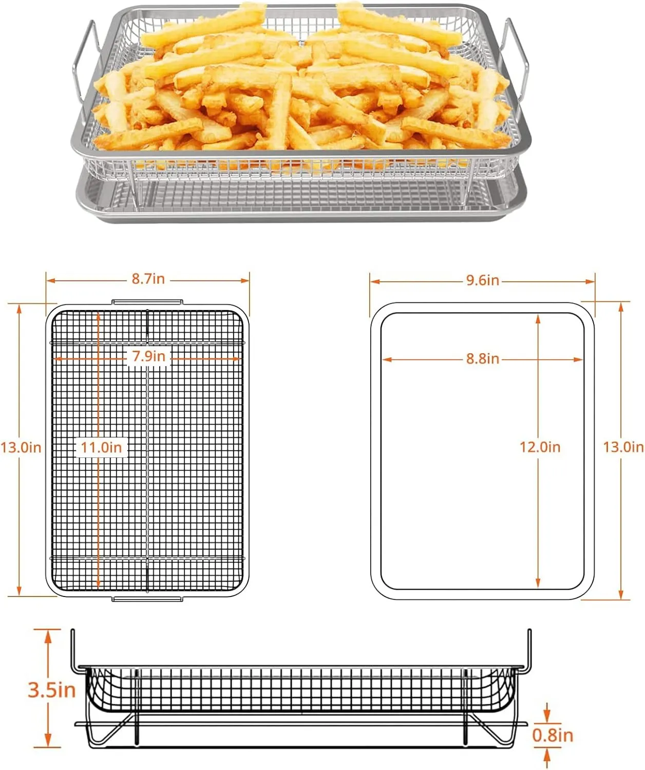 AGSYFFD 2 pieces air fryer basket for oven 12.8x9.6inch,tray and grease trap set bacon rack for oven crisper for french fried/frozen food (silver)