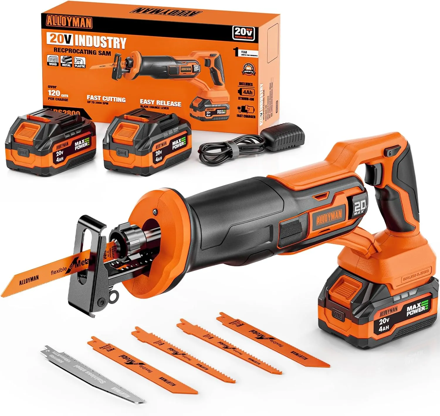 Alloyman 20V Cordless Reciprocating Saw, 2800 SPM Motor with Variable Speed, Includes 2 x 4000mAh Batteries and 5 Saw Blades, Tool-Free Blade Change for Wood, Metal, and PVC Cutting