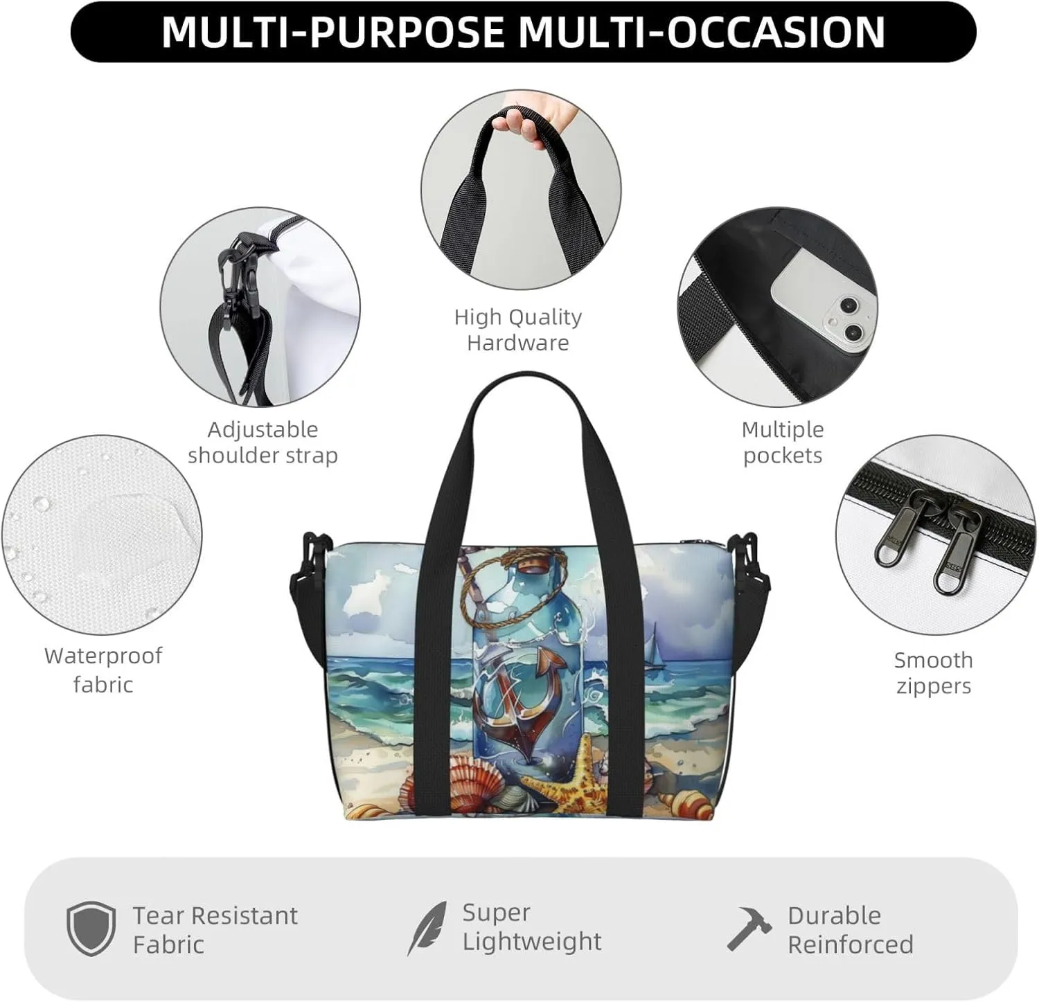 anchor ship in bottle print Travel Duffel Bag, Sports Tote Gym Bag, Swim Pool Bag Large Shoulder Tote Bag for Beach Weekender