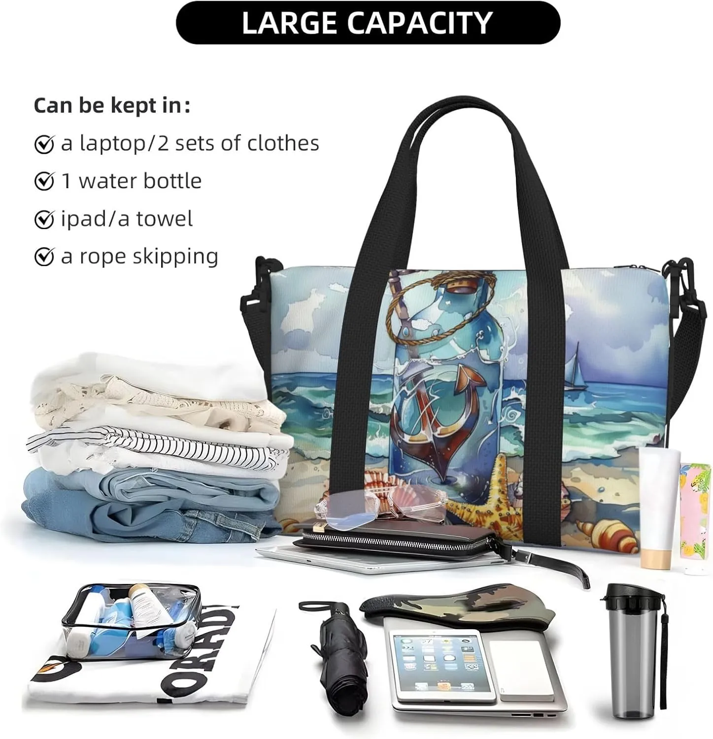 anchor ship in bottle print Travel Duffel Bag, Sports Tote Gym Bag, Swim Pool Bag Large Shoulder Tote Bag for Beach Weekender