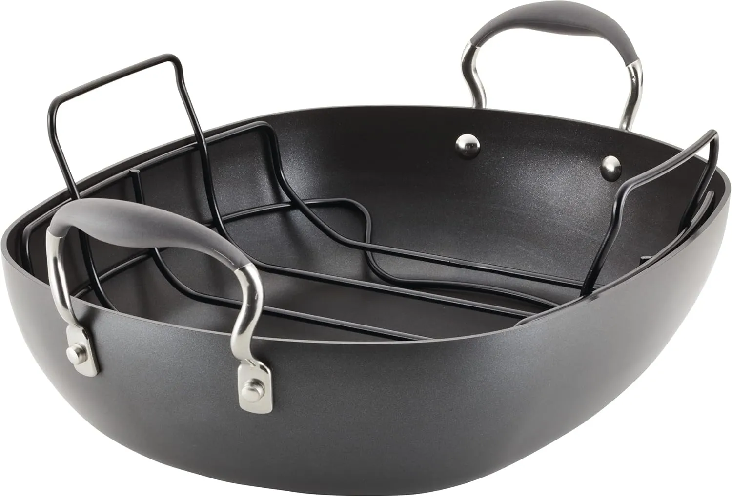 Anolon Advanced Hard Anodized Nonstick 2 Piece Roaster/Roasting Pan with Wire Rack, Oval, 16 Inch x 13 Inch, Dark Gray