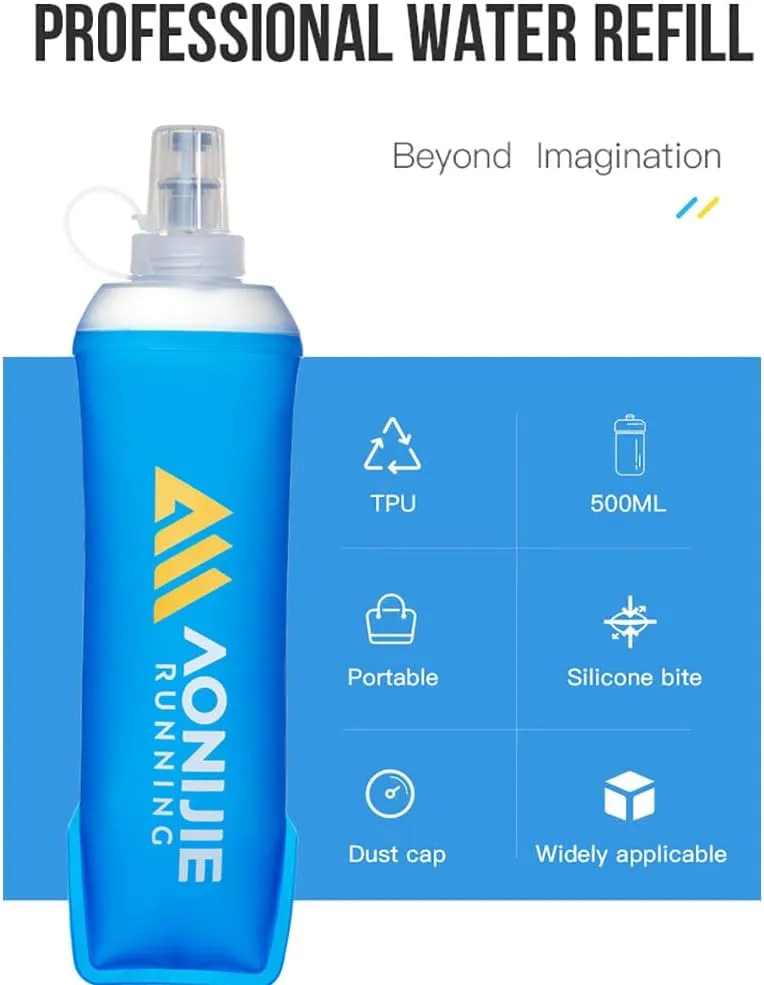 AONIJIE 2 PCS TPU Collapsible Soft Water Bottle 500mL Squeeze Sports Soft Flask for Running, Hiking, Cycling, Climbing (500ML,blue)