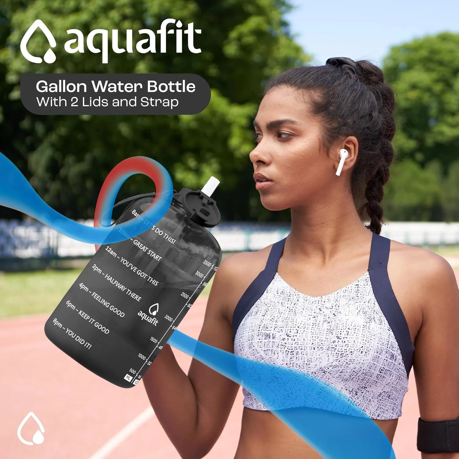 AQUAFIT 1 Gallon Water Bottle With Time Marker - Straw & Chug Lid - BPA Free Big Jug With Handle - Motivational Gym Bottle (128 oz, Blue)