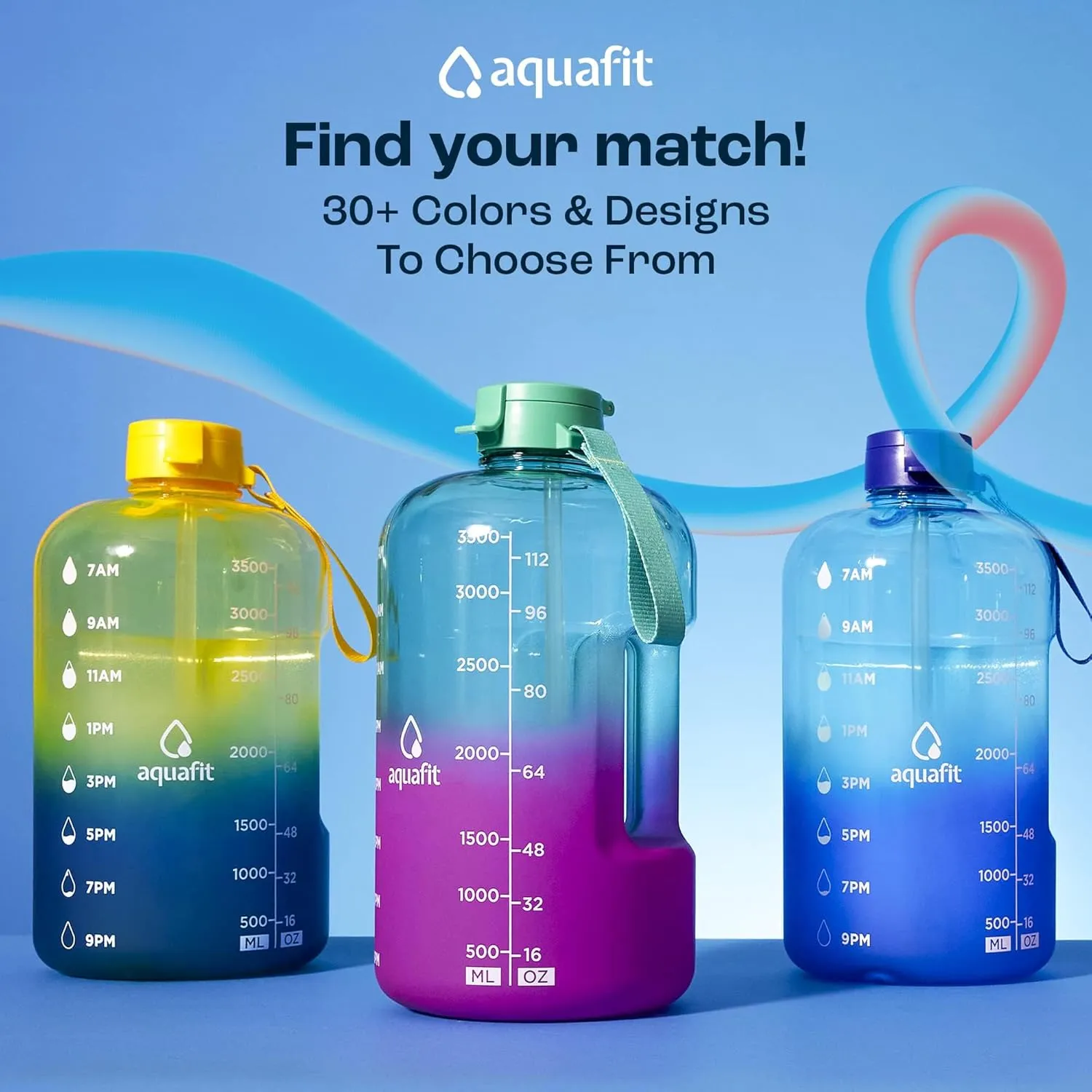 AQUAFIT 1 Gallon Water Bottle With Time Marker - Straw & Chug Lid - BPA Free Big Jug With Handle - Motivational Gym Bottle (128 oz, Blue)