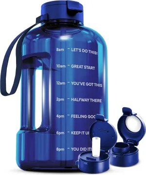 AQUAFIT 1 Gallon Water Bottle With Time Marker - Straw & Chug Lid - BPA Free Big Jug With Handle - Motivational Gym Bottle (128 oz, Blue)